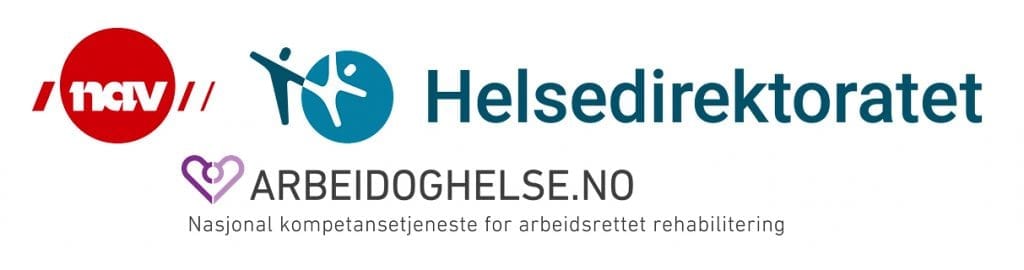 Bildet viser de tre logoene til arrangørene: Arbeids- og velferdsdirektoratet, Helsedirektoratet og Nasjonal kompetansetjeneste for arbeidsrettet rehabilitering