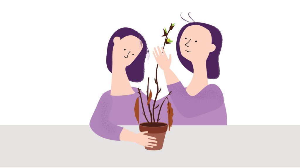 To kvinner ser på en plante. Den første kvinnen ser den visne planten, den andre ser den grønne delen av planten.